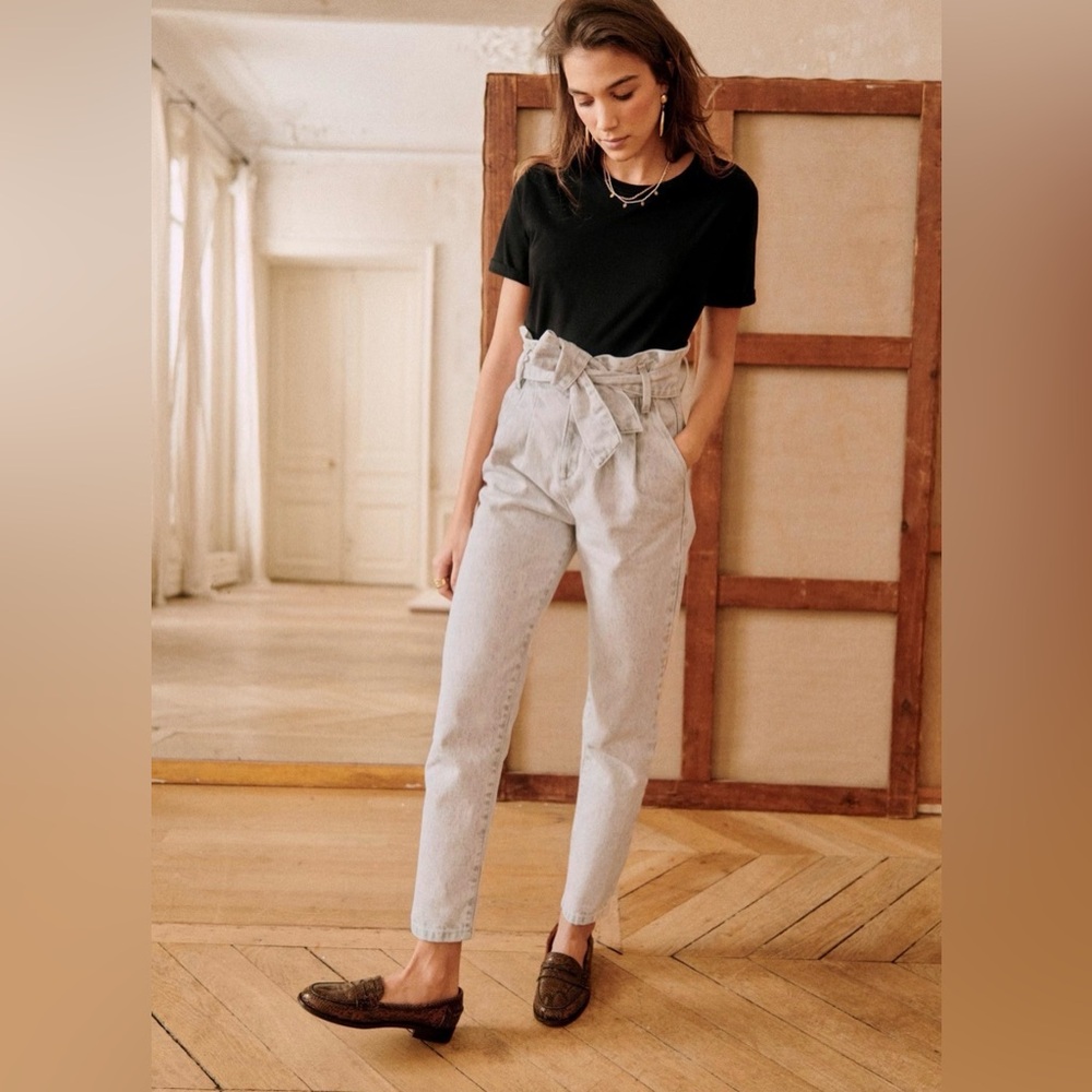 Sezane Austin Trousers Belted High Waist Ankle Jeans 2 US / 32 FR Snow Grey
